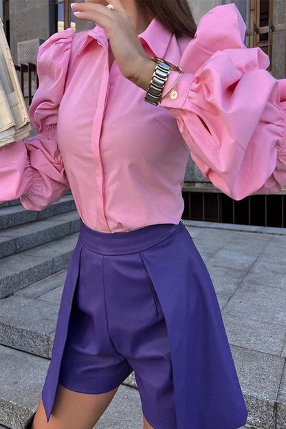 Blusas de trabajo estilo británico con cuello vuelto liso (3 colores)