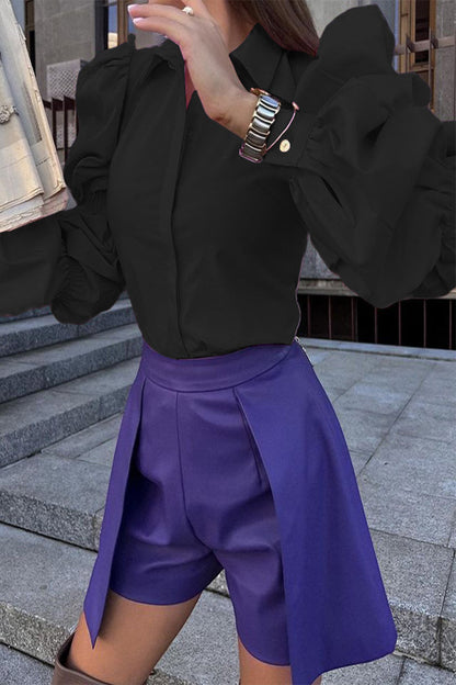 Blusas de trabajo estilo británico con cuello vuelto liso (3 colores)