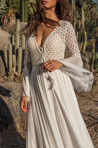 Vestido de noche sexy de encaje sólido con cuello en V