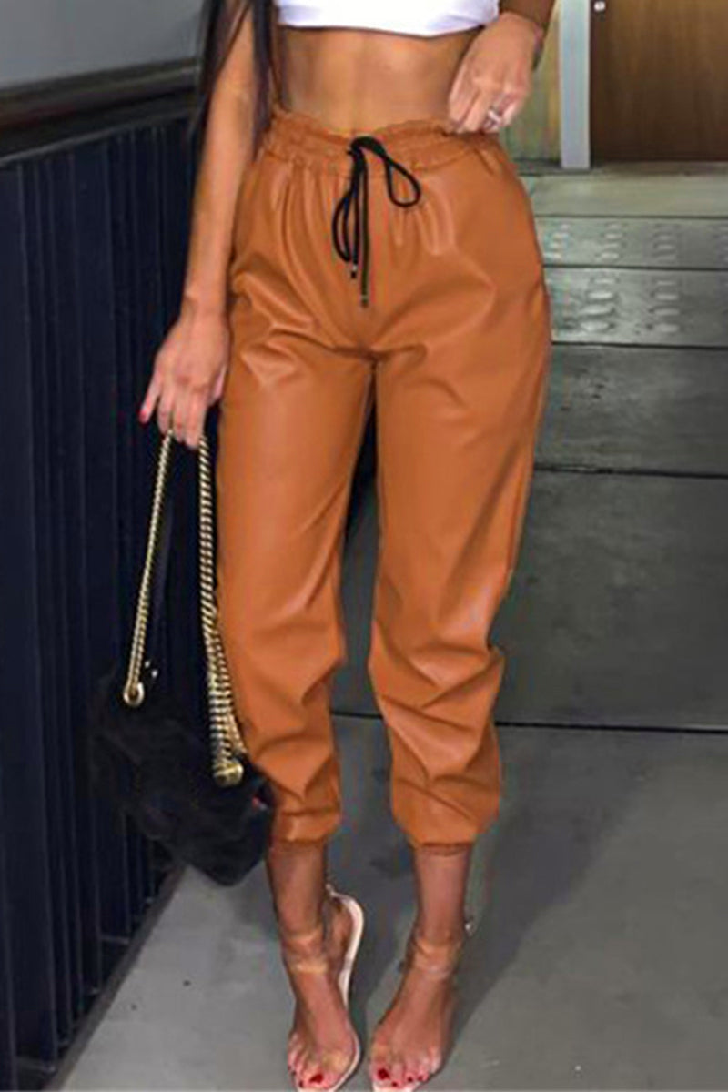 Pantalones casuales de calle de color liso con cordón ajustable y lápiz regular de color liso