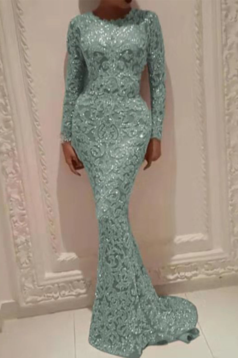 Elegante vestido de noche con cuello redondo y patchwork color bronce