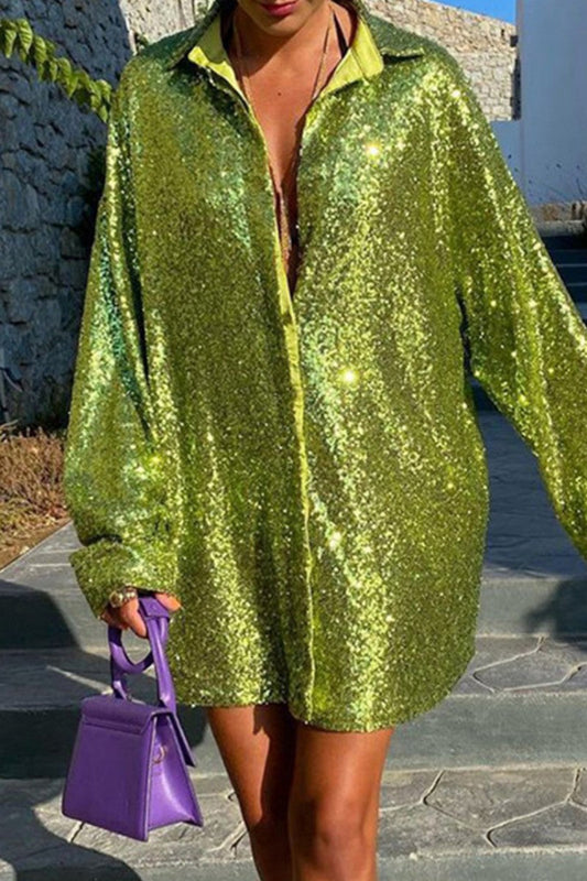 Tops casuales con cuello de camisa y lentejuelas de patchwork