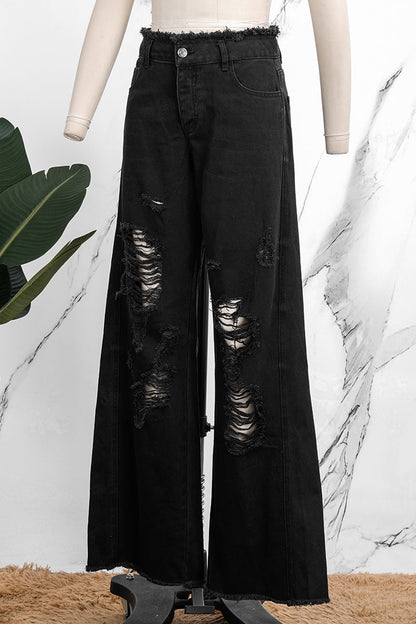 Casual Solid Ripped Patchwork Mid Waist Regular Denim Jeans (Subject To The Actual Object)(5 Colors)