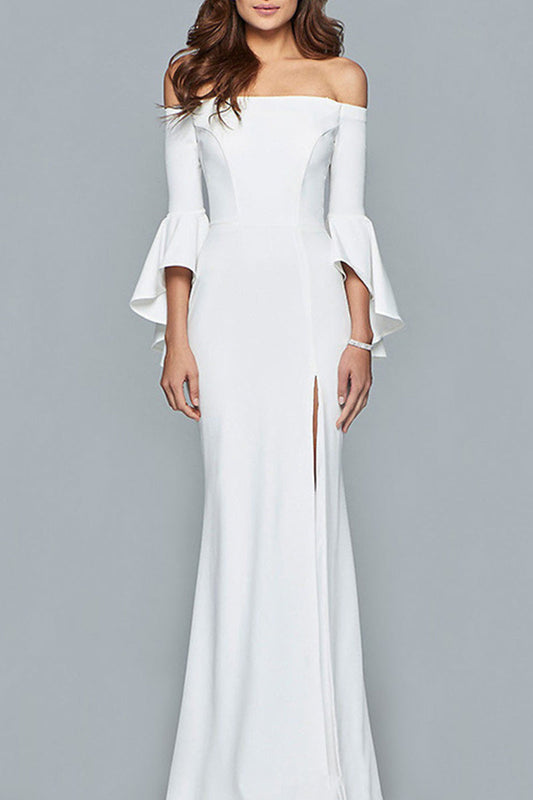 Elegante vestido de noche liso con volantes y hombros descubiertos