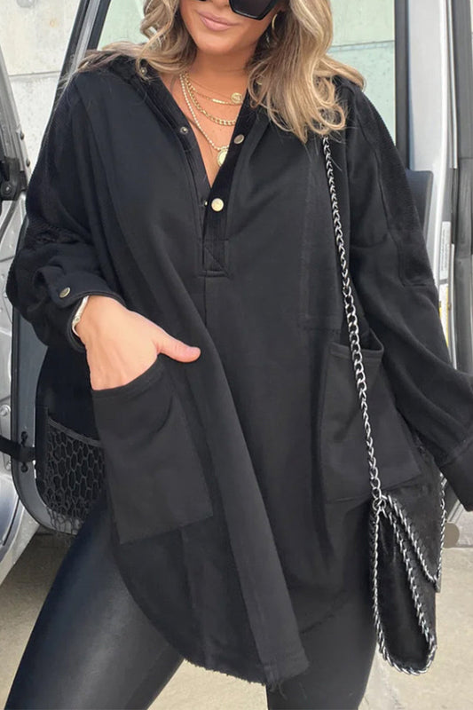 Tops casuales de cuello con capucha y abertura con bolsillo sólido