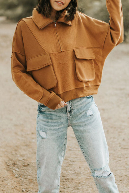 Tops casuales de cuello vuelto con cremallera sólida