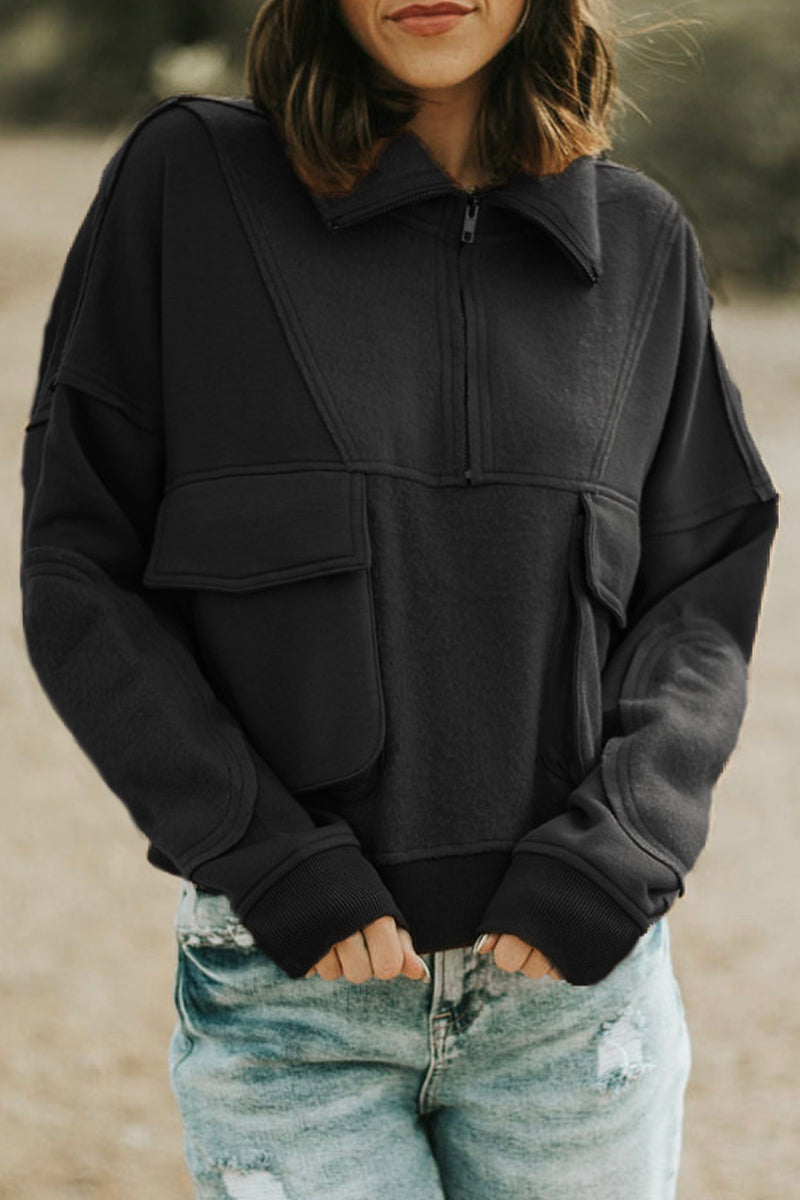 Tops casuales de cuello vuelto con cremallera sólida