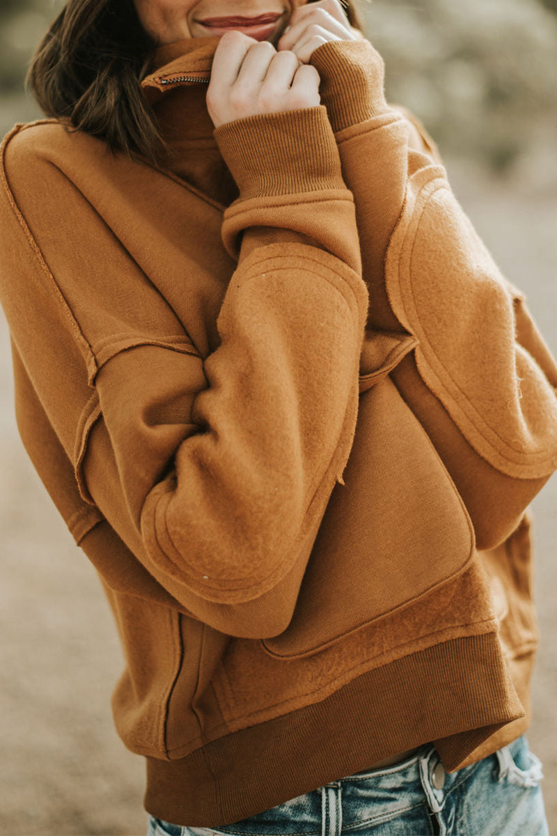 Tops casuales de cuello vuelto con cremallera sólida