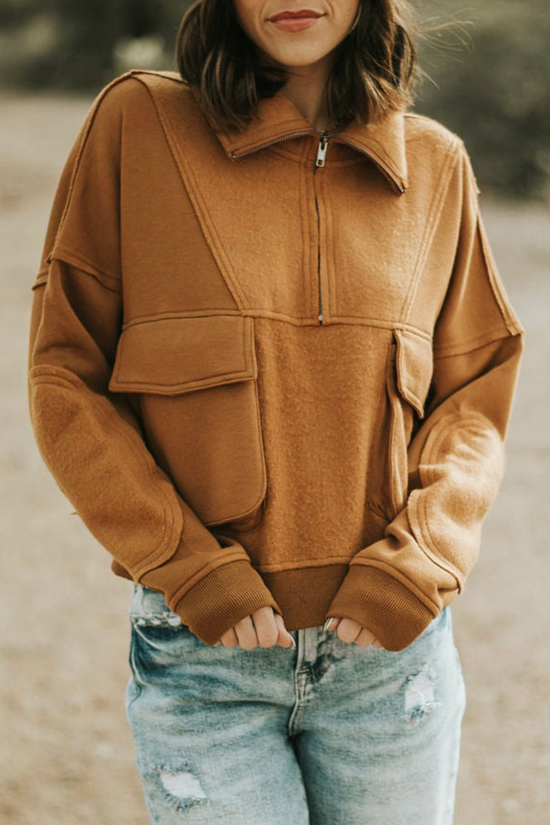 Tops casuales de cuello vuelto con cremallera sólida