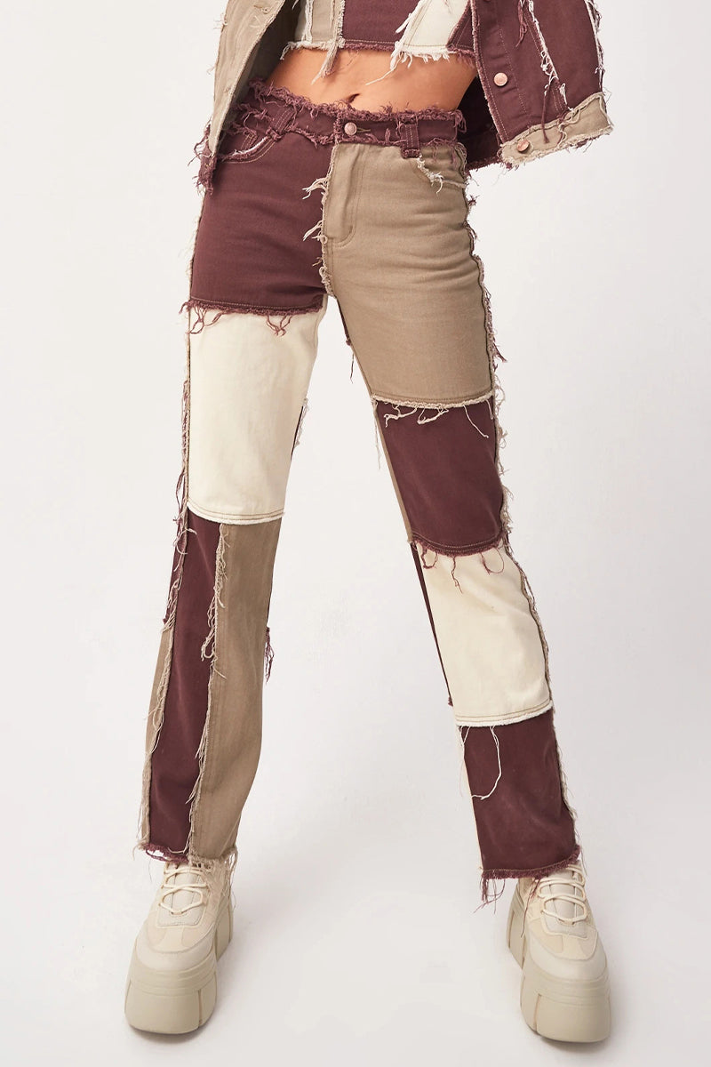 Jeans casuales de mezclilla regular con cintura media y contraste de parches y bloques de color (6 colores)