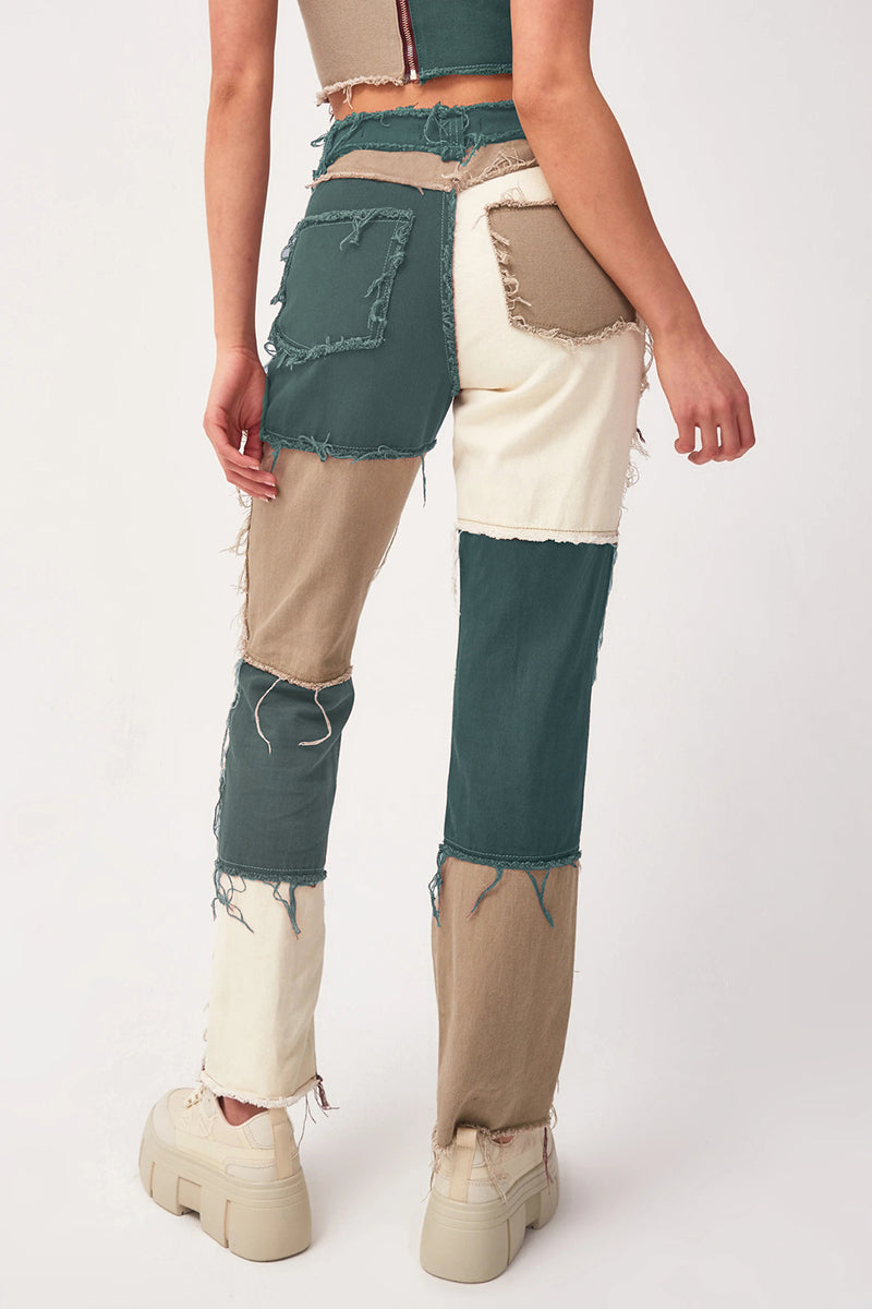 Jeans casuales de mezclilla regular con cintura media y contraste de parches y bloques de color (6 colores)