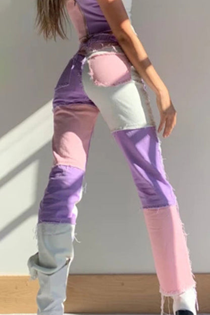 Jeans casuales de mezclilla regular con cintura media y contraste de parches y bloques de color (6 colores)