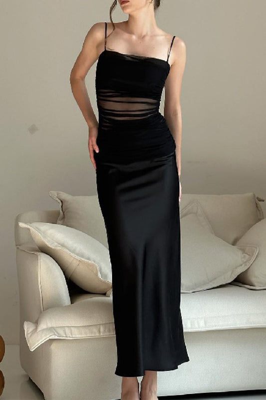 Vestido sexy liso sin espalda con cuello cuadrado y tirantes finos