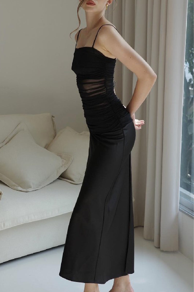 Vestido sexy liso sin espalda con cuello cuadrado y tirantes finos