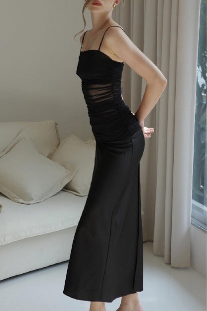 Vestido sexy liso sin espalda con cuello cuadrado y tirantes finos