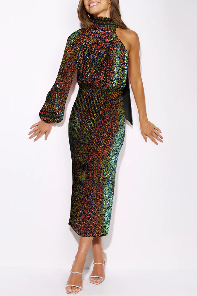 Elegante vestido de noche formal con lentejuelas lisas y abertura tipo halter (6 colores)