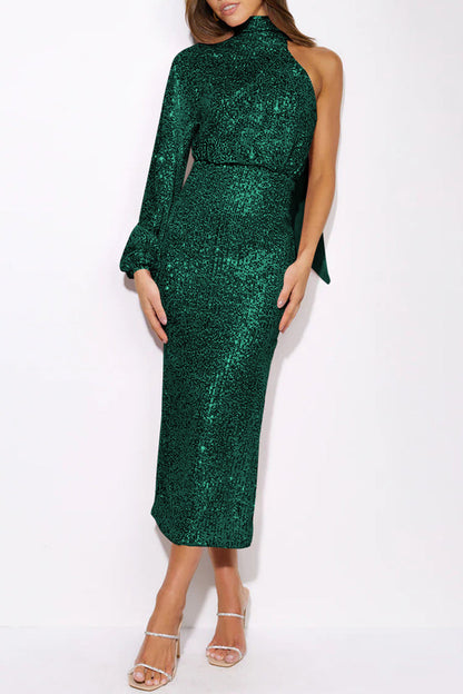 Elegante vestido de noche formal con lentejuelas lisas y abertura tipo halter (6 colores)