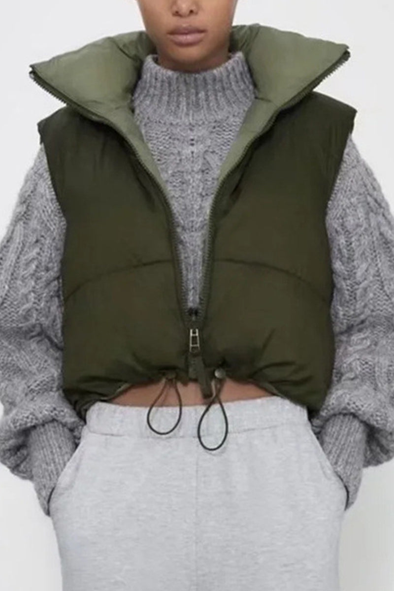 Tops casuales sencillos de cuello mandarín con cremallera sólida