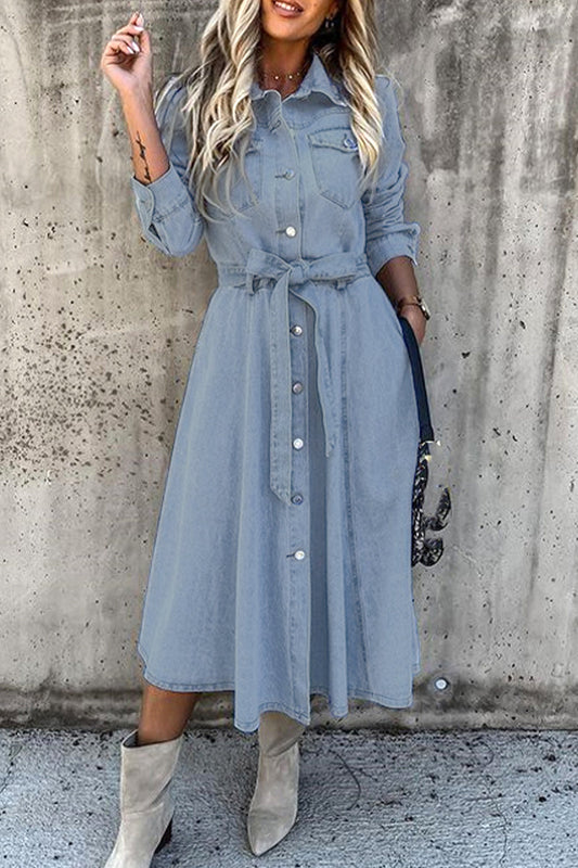 Elegant Patchwork Pocket Turndown Collar Denim Dresses