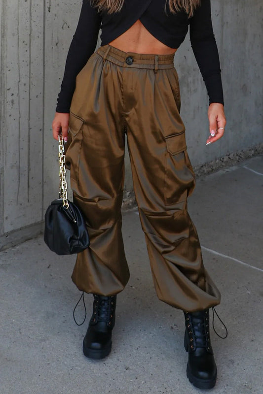 Pantalones casuales de color liso con cordón ajustable, bolsillos, sueltos, de cintura alta