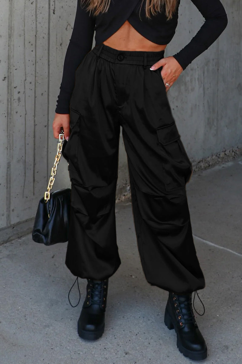 Pantalones casuales de color liso con cordón ajustable, bolsillos, sueltos, de cintura alta