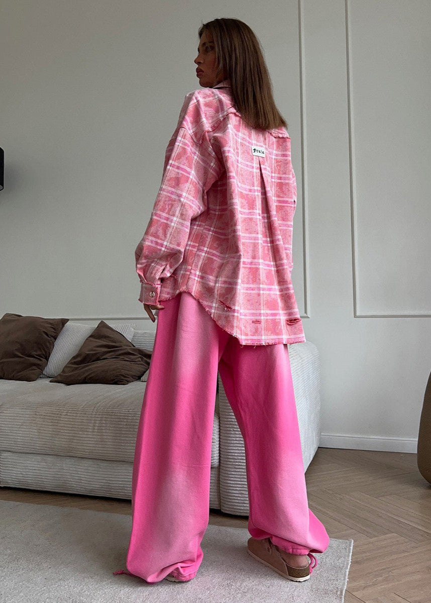 Rowena - Distressed Pink Plaid Oversized Shirt