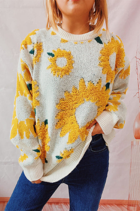 Sunflower Jacquard Crewneck Long Sleeve Knit Pullover Sweater