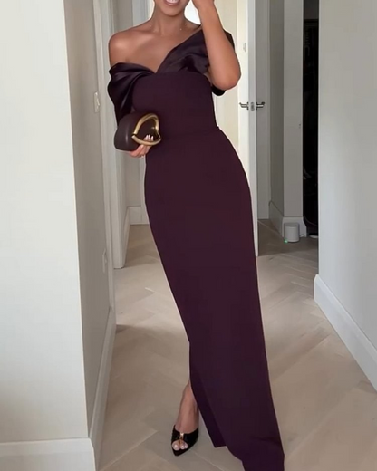 Solid Color Satin Stitching Evening Gown Dress