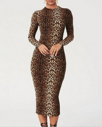 Slim-Fit Leopard Print Long-Sleeved Dress