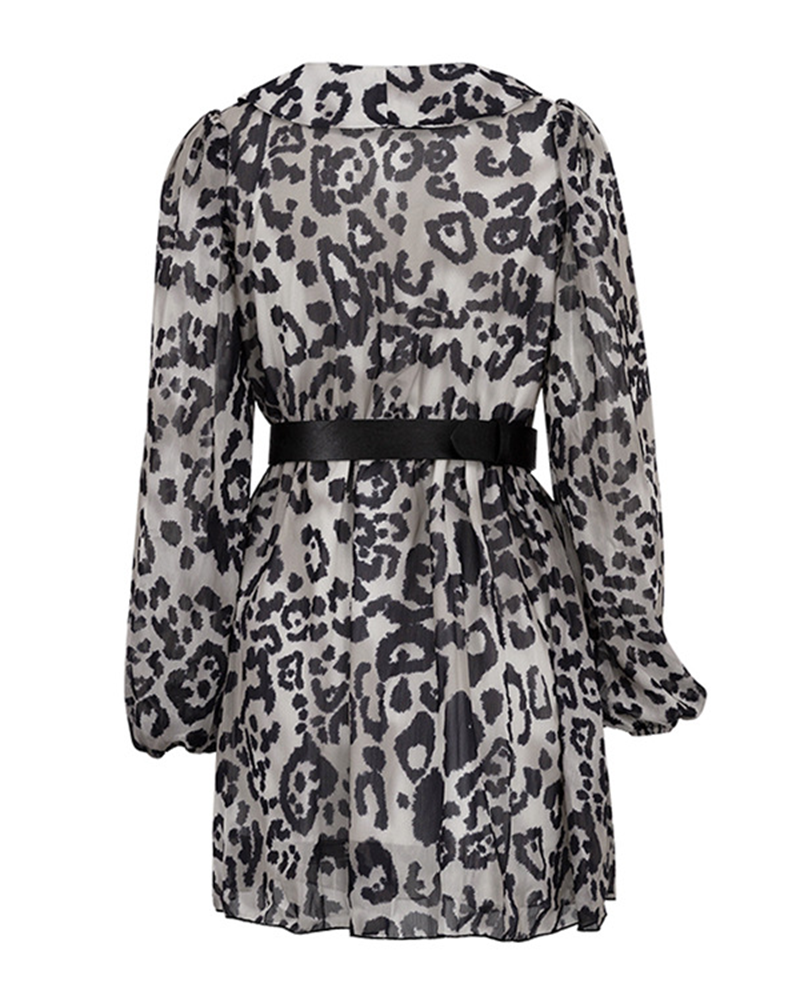 V Neck Long Sleeve Leopard Print Dress
