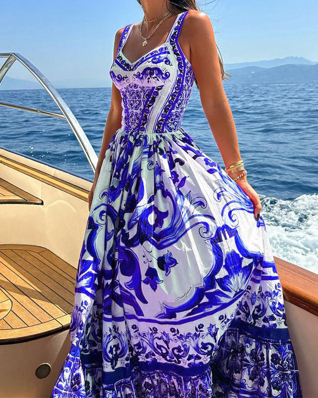 Swing Mid-Length Printed Suspender Dress