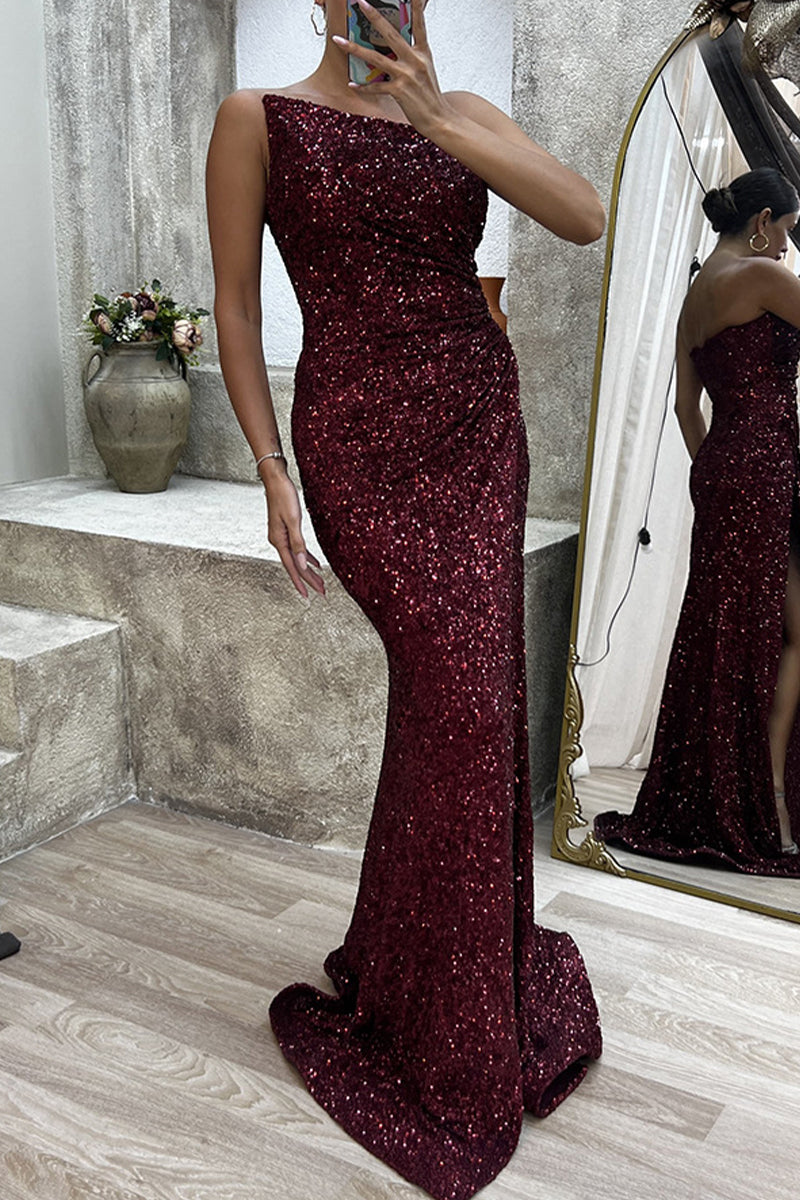 Vestido de noche sexy formal con abertura sólida y cuello oblicuo asimétrico