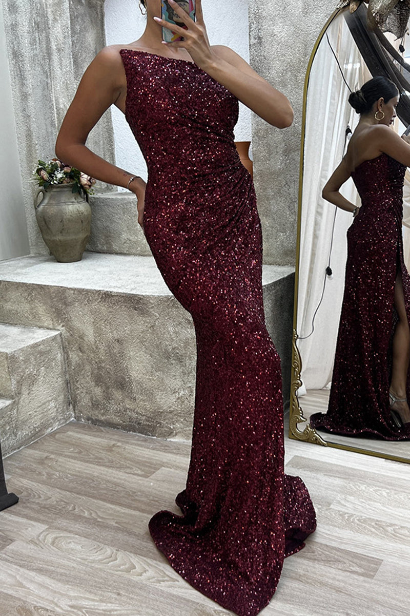 Vestido de noche sexy formal con abertura sólida y cuello oblicuo asimétrico