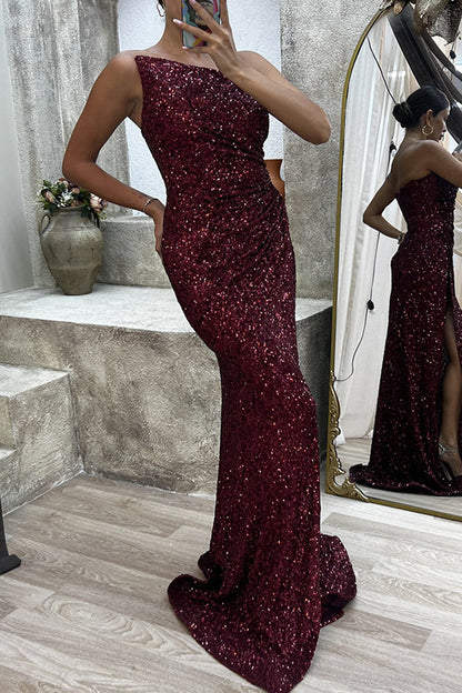 Vestido de noche sexy formal con abertura sólida y cuello oblicuo asimétrico