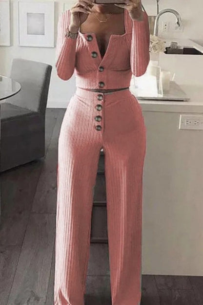 Chaleco informal con botones sólidos, pantalones, cuello en U, sin mangas, dos piezas (4 colores)