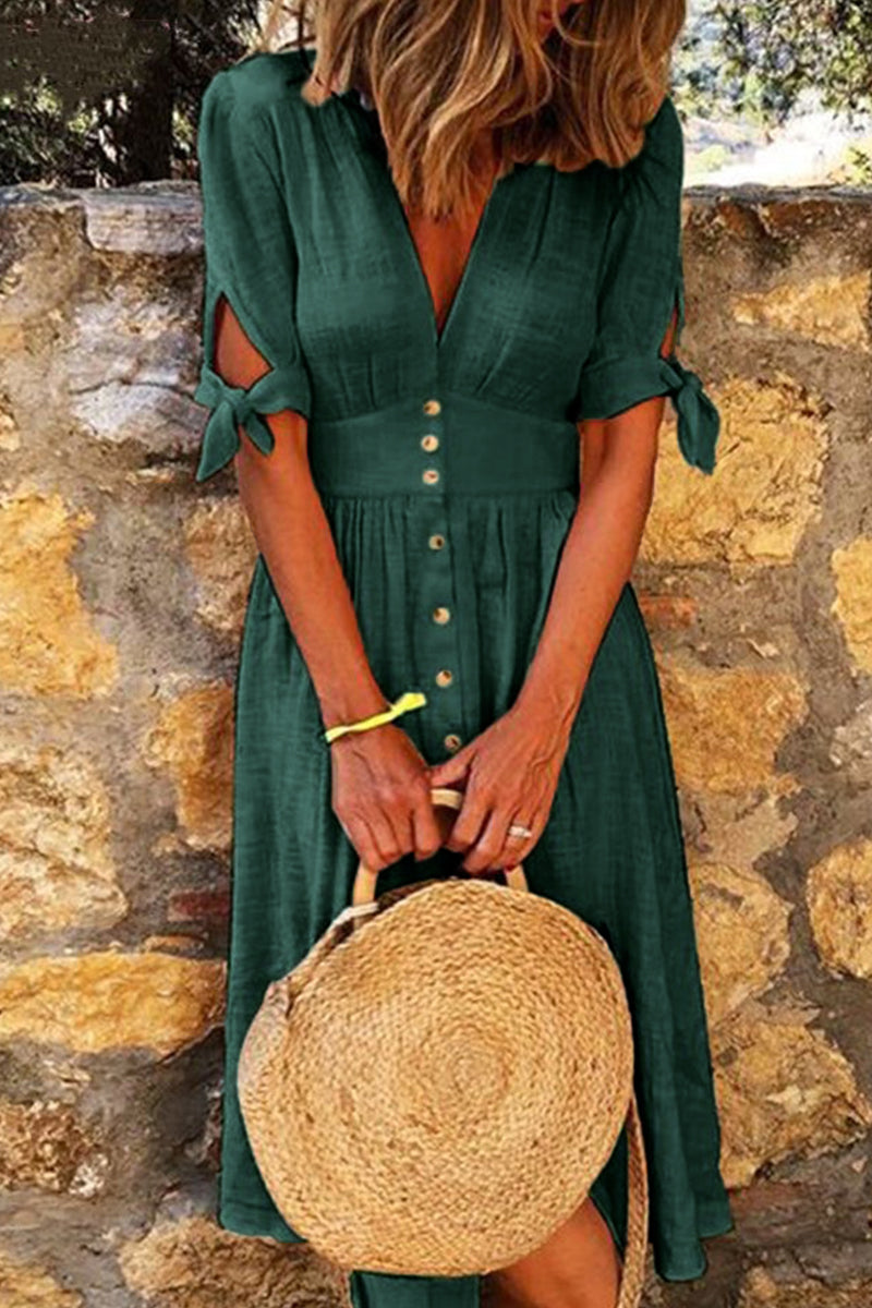 Vestidos casuales elegantes con cuello en V y hebilla anudada (4 colores)