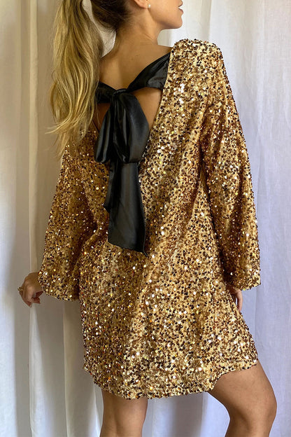 Vestidos de princesa sexys de fiesta con lentejuelas sólidas y lazo en el cuello redondo