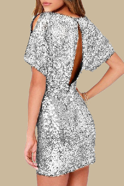 Vestidos casuales de fiesta con lentejuelas sólidas y cuello redondo con falda cruzada