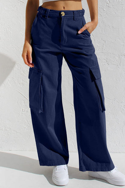 Pantalones casuales sencillos de color liso con bolsillos, sueltos, de cintura baja y rectos.