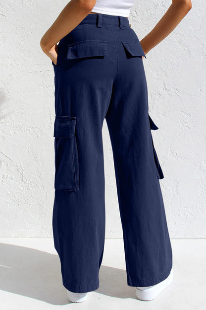 Pantalones casuales sencillos de color liso con bolsillos, sueltos, de cintura baja y rectos.