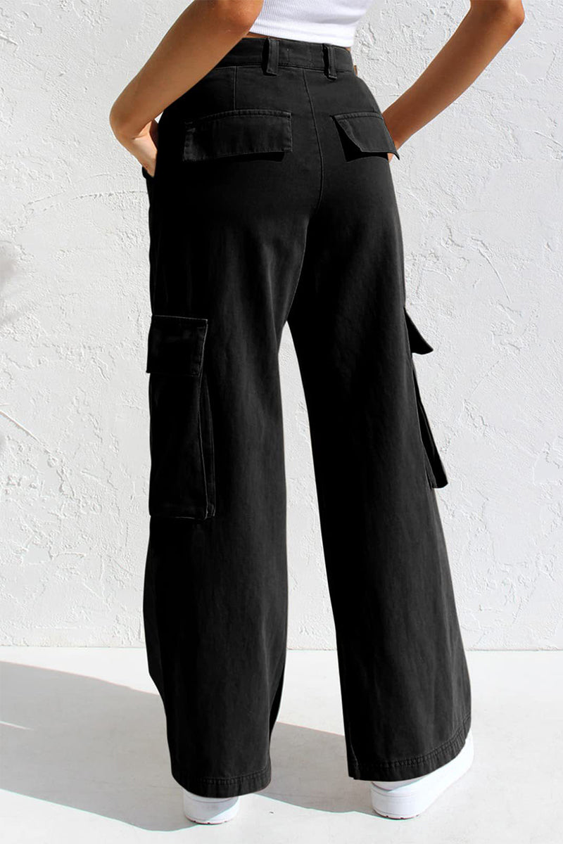 Pantalones casuales sencillos de color liso con bolsillos, sueltos, de cintura baja y rectos.