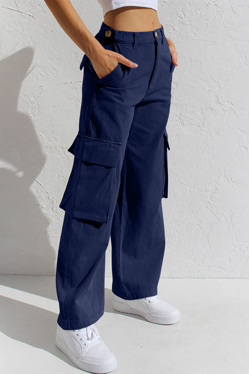 Pantalones casuales sencillos de color liso con bolsillos, sueltos, de cintura baja y rectos.