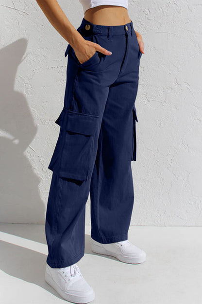 Pantalones casuales sencillos de color liso con bolsillos, sueltos, de cintura baja y rectos.