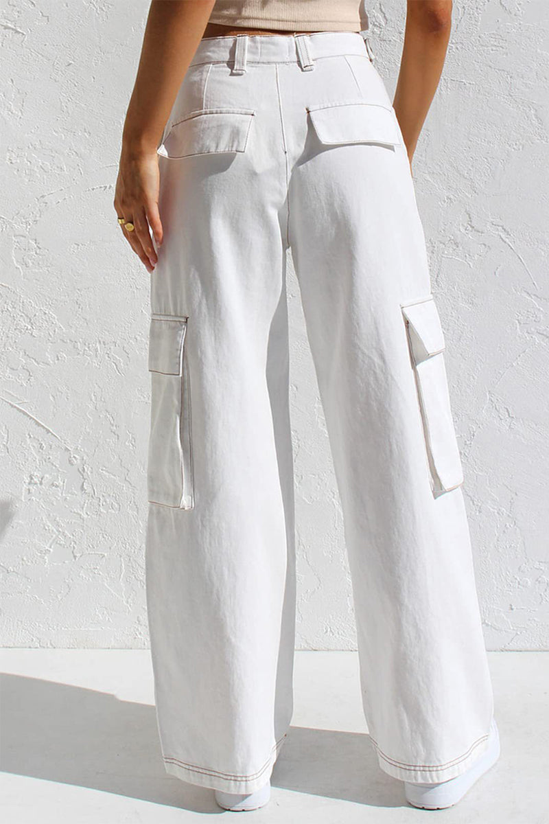 Pantalones casuales sencillos de color liso con bolsillos, sueltos, de cintura baja y rectos.