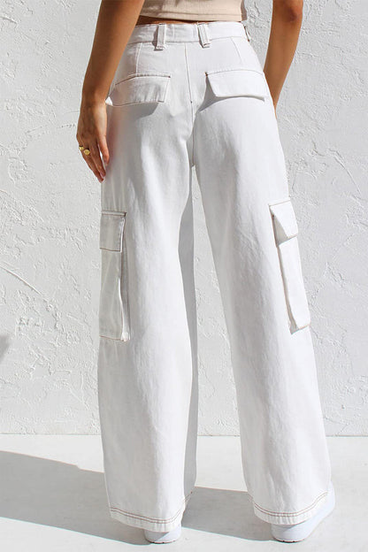 Pantalones casuales sencillos de color liso con bolsillos, sueltos, de cintura baja y rectos.