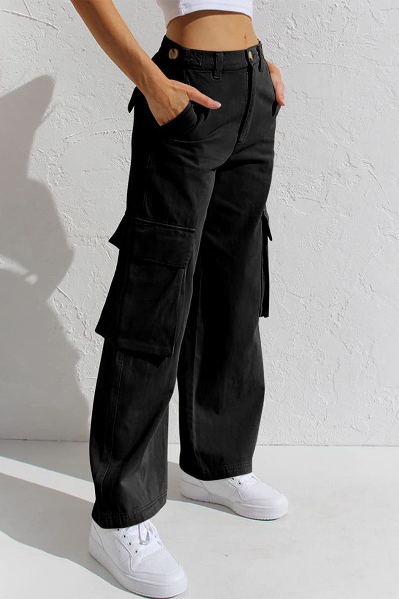 Pantalones casuales sencillos de color liso con bolsillos, sueltos, de cintura baja y rectos.