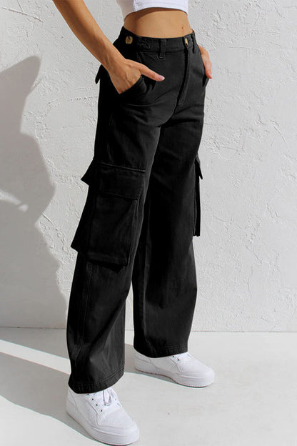 Pantalones casuales sencillos de color liso con bolsillos, sueltos, de cintura baja y rectos.