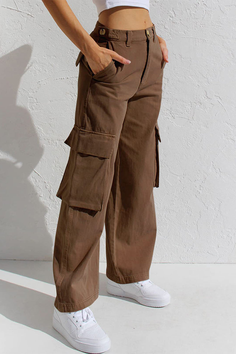 Pantalones casuales sencillos de color liso con bolsillos, sueltos, de cintura baja y rectos.