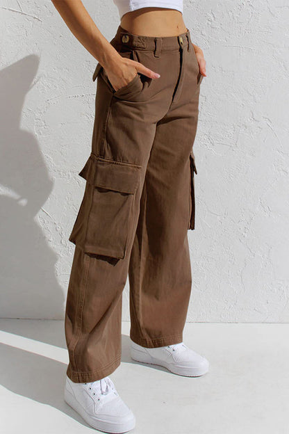 Pantalones casuales sencillos de color liso con bolsillos, sueltos, de cintura baja y rectos.