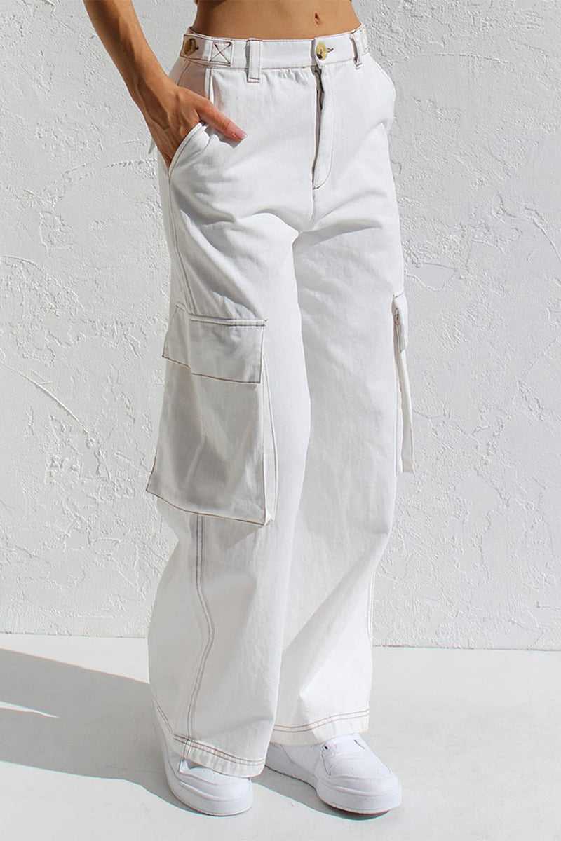 Pantalones casuales sencillos de color liso con bolsillos, sueltos, de cintura baja y rectos.